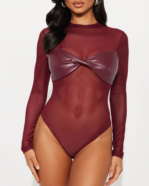 Sexy PU Leather Mesh Long-Sleeved Slim Fit Bodysuit