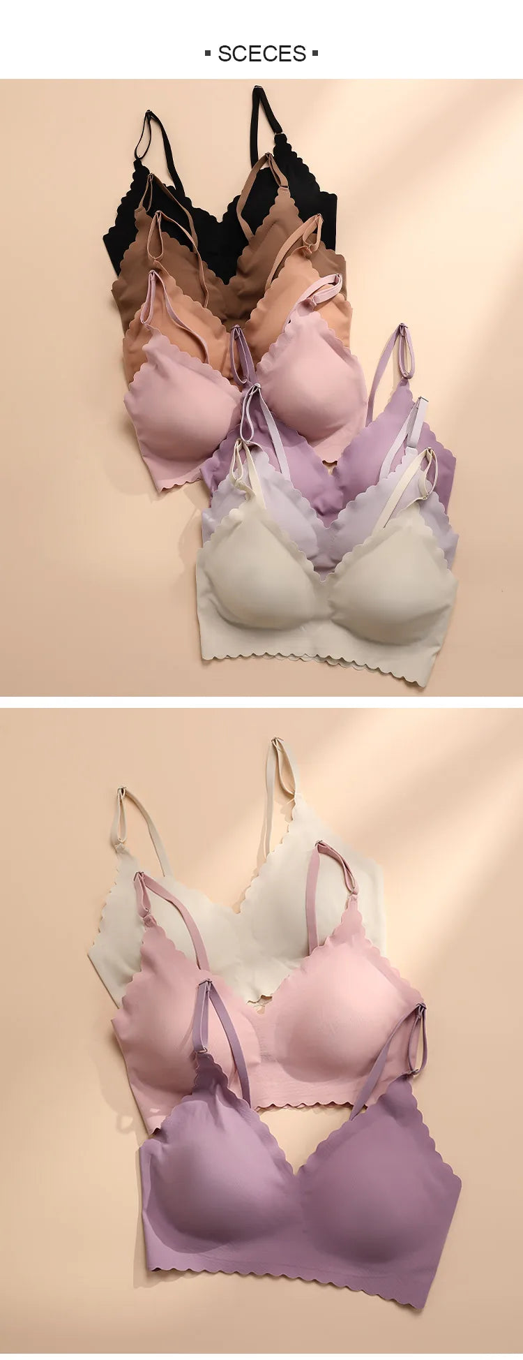 Soutien-Gorge Confort Sans Armature Rembourré Bords Ondulés Coupe Laser Invisible Yoga 9 Couleurs