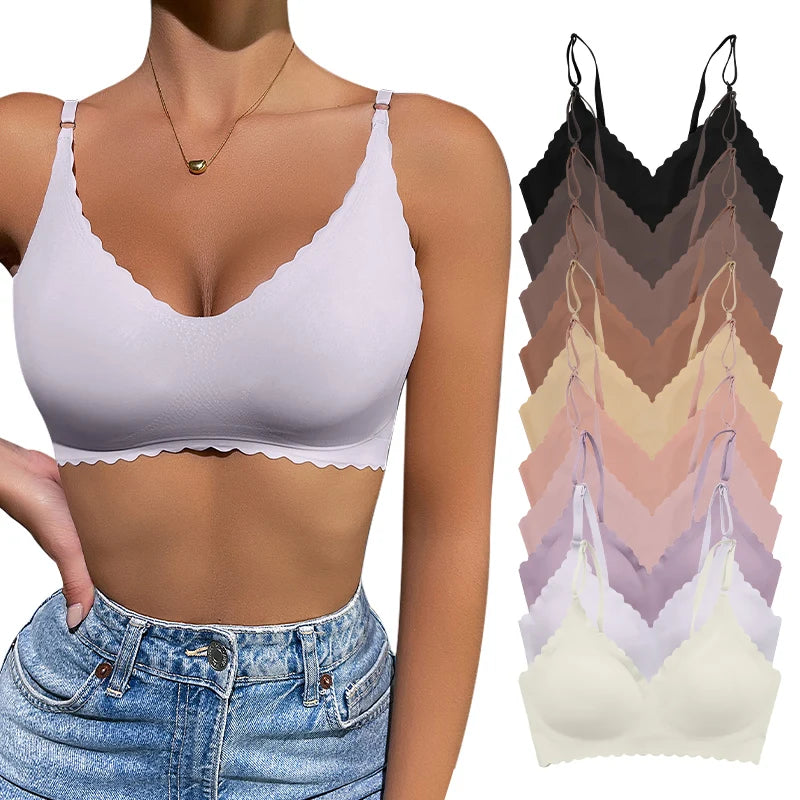Soutien-Gorge Confort Sans Armature Rembourré Bords Ondulés Coupe Laser Invisible Yoga 9 Couleurs