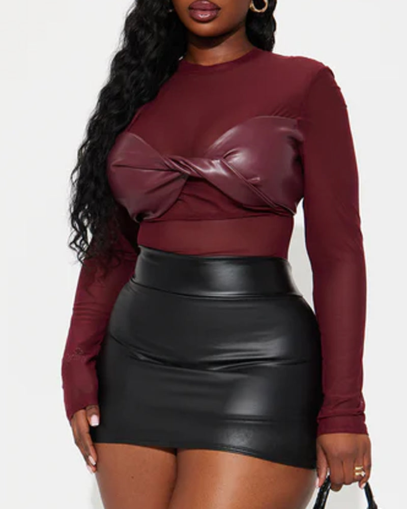Sexy PU Leather Mesh Long-Sleeved Slim Fit Bodysuit