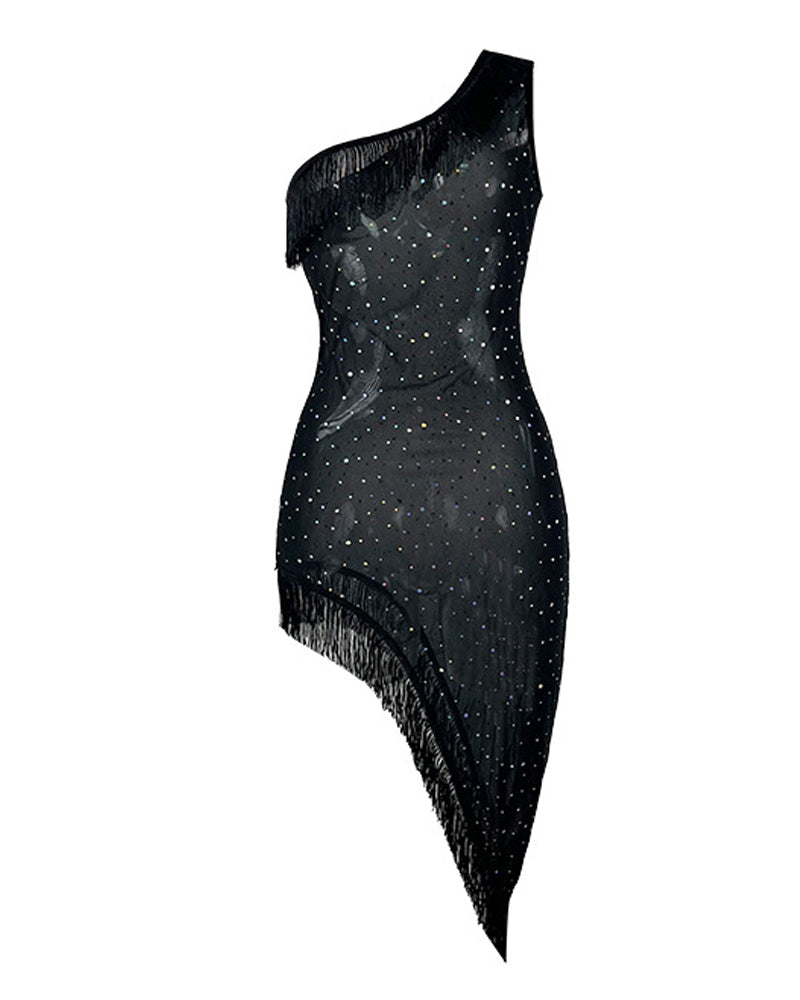 One-shoulder Rhinestone-embellished Mesh Fringed Asymmetrical Sheer Sexy Nightgow
