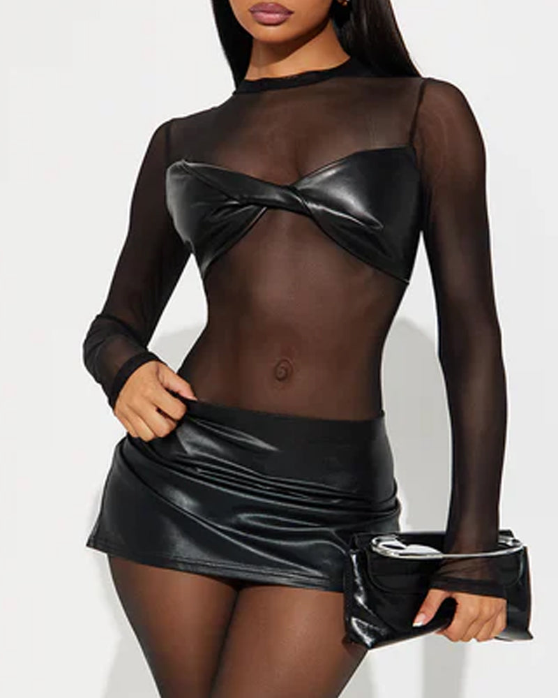 Sexy PU Leather Mesh Long-Sleeved Slim Fit Bodysuit